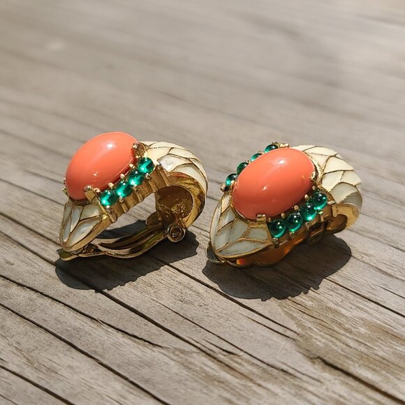 Trifari Jewelry - Crown Trifari L’Orient Butterfly Clip Earrings Faux Coral Emerald White Enamel